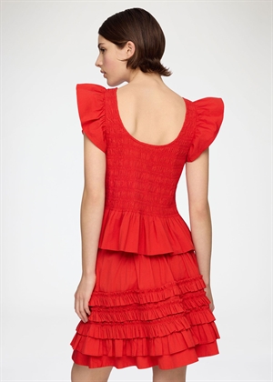 Stretch cotton angel sleeve smocked top Goji Berry A1040422 Ganni 